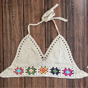 WoWo Crochet Knit Bralette Halter Granny Square Festival Tank Bra Large Top